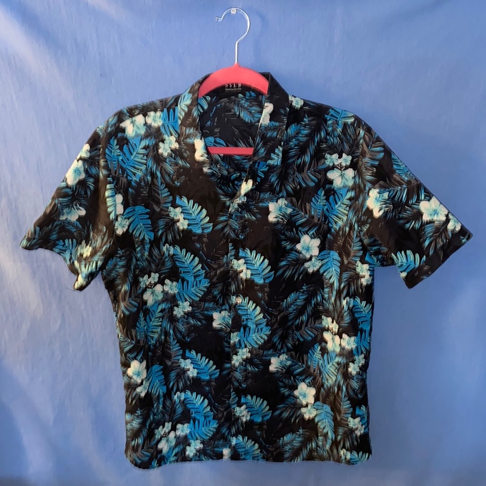 Medium Blue Floral Patterned SSLR Brand Hawaiian Shirt
